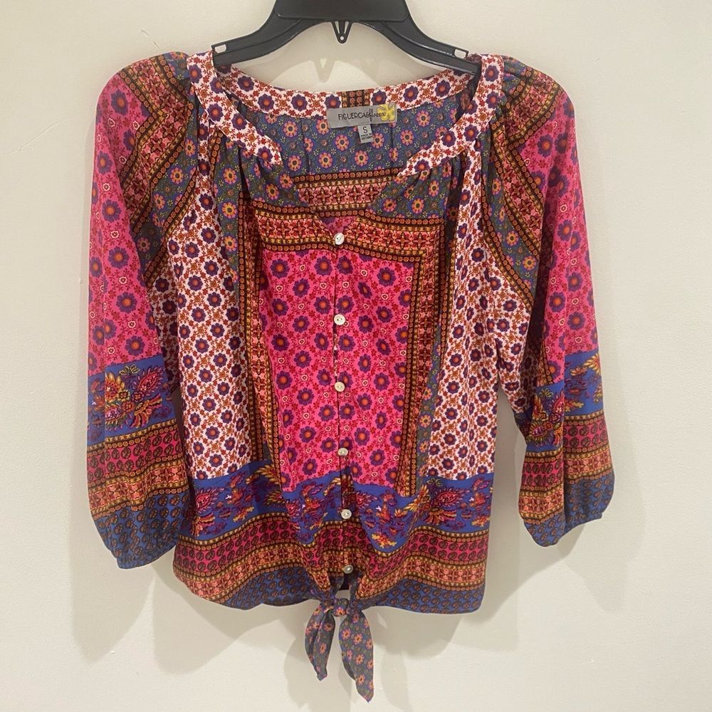 FIGUERCA&flower ANTHROPOLOGIE floral boho tie button down top blouse shirt S EUC